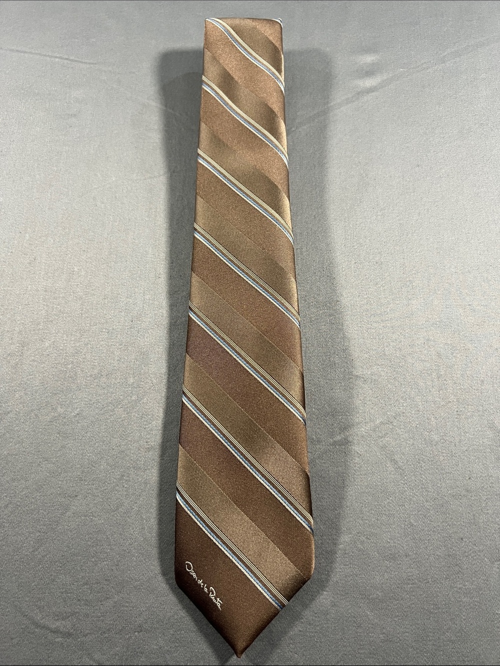 Oscar de la Renta Brown Striped Silk /polyester Tie with Light Blue Accents